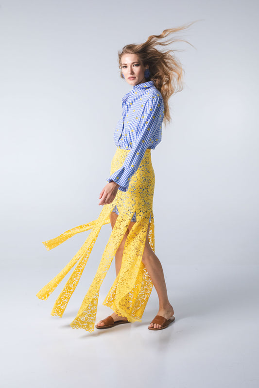 Camicia a scacchi ricamo fiore giallo