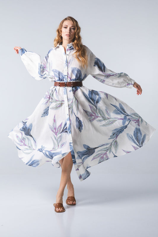 Abito lino fiore blu
